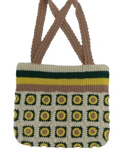 Rectangular Crochet Straw Bag, Bohemian Yarn Tote Bag, Green Bohemian Crochet Bag For Market, Green Crochet Bag With Granny Square, Hand Knitted Yarn Tote Shoulder Bag, Everyday Green Crochet Bag With Granny Square Detail, Green Crochet Granny Square Bag For Everyday Use, Green Granny Square Crochet Bag For Everyday Use, Green Crochet Tote Straw Bag