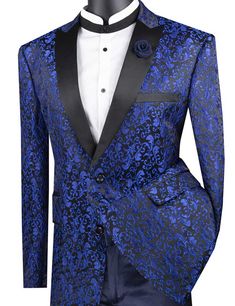 2-Buttons Vinci sport jacket for all occasions Great for weddings, church or any social event Available sizes S, M, L, XL, 2XL, 3XL, 4XL, 5XL Brocade fabric with solid lapel trim Vinci Men Suits Blue Prom Suit, Homecoming Outfits For Guys, Fancy Pattern, Prom Tuxedo, Satin Suit, Pattern Jacket, Blue Tuxedos, Elegant Jacket, Homecoming Outfits