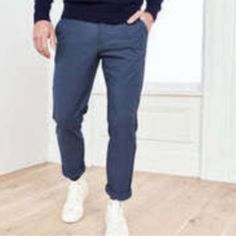 Fast Shipping Slim Fit Denim Blue Pants With Tapered Leg, Blue Slim Fit Casual Pants, Casual Blue Slim Fit Pants, Casual Slim Fit Blue Bottoms, Navy Fitted Casual Chinos, Navy Casual Chinos With Welt Pockets, Casual Slim Fit Blue Chinos, Blue Slim Fit Jeans For Business Casual, Casual Navy Straight Leg Chinos