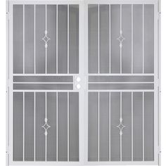 a white double door with glass panels and wrought bars on the sides, set against a white background