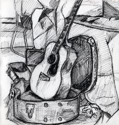 a black and white drawing of a guitar on a table next to a vase with flowers