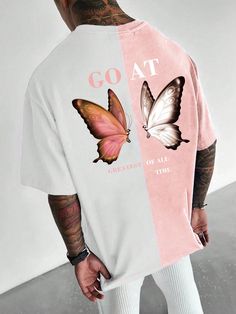 Men Butterfly & Slogan Graphic Two Tone Tee Pink Casual  Half Sleeve Fabric Colorblock,Butterfly  Slight Stretch  Men Clothing, size features are:Bust: ,Length: ,Sleeve Length: Butterfly Graphic Tee, Minimal Shirt Design, Streetwear Tshirt Design, Graphic Shirt Design, Mens Fasion, Mens Tshirts Fashion, Loose Hoodie, Butterfly Shirts, Shirt Design Inspiration