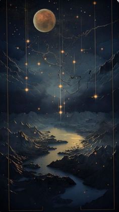 an artistic painting with stars in the night sky and water below it is a full moon