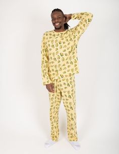 Any man looking for a fun and tasty style will love our Men’s Loose Fit Food Pajamas! These outfits consist of a 100% cotton makeup and tagless labels, both providing the best comfort for sleeping or simply lounging around. The pants consist of an elastic waistband for extra breathability, and its loose design provides a relaxed feel as well. Wearers can choose between avocado yellow or pineapple orange, both easily matching other family outfits for a special time. Sizes range from Small to XX-L Food Pajamas, Avocado Pajamas, Yellow Pajamas, Fit Food, Yellow Print, Print Pajamas, Cotton Pyjamas, Mens Pajamas, Family Outfits