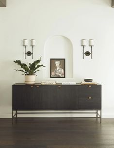 a black and white sideboard with a potted plant next to it on top