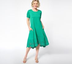 Lori Goldstein's redefining the dress code and you're gonna love her latest design. First, imagine your favorite comfy T-shirt and most fashion-forward frock morphed into one made-for-any-moment look.   Now check out this dreamy dress -- it starts with a soft (and most sought-after) silhouette in a cotton-modal blend. Lori levels it up with feminine features like figure-flattering princess seams and a Battenburg lace hi-low hem. This haute hybrid is the future of fashion because it's so incredib Spring Loungewear Dress With Crew Neck, Petite Knit, Is Logo, Battenburg Lace, Future Of Fashion, Lori Goldstein, Summer Soiree, Dreamy Dress, Lace Hem