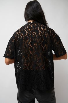 Casual cool boxy t-shirt cut in an intricate open work lace. A wardrobe workhorse with a feminine flair. T Shirt Cut, Cut Tshirt, Cut Shirts, Wardrobe, Lace, T Shirt, Black