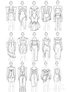 sketches of different types of clothes for the body and torso, from front to back