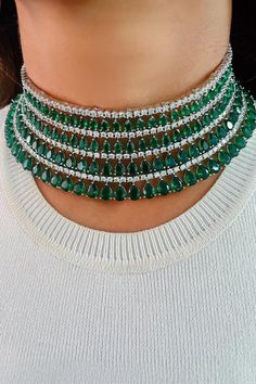 Silver toned necklace embellished with teardrop green emerald stones and diamonds. Comes with a pair of matching earrings. - Aza Fashions Bridal Diamond Necklace, Jewellery Sets, Green Jewelry, Tree Necklace, Fancy Jewelry, Emerald Stone, Green Emerald, Aza Fashion, Matching Earrings