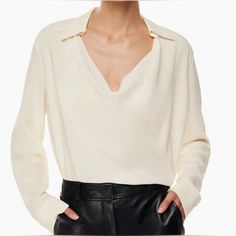 Nwt Perfect Condition. This Is A Long-Sleeve Blouse With An Open-Collar Neckline And Button-Closure Cuffs. It's Cut From Luxurious, Slightly Textured Matte Crepe That's Made With Silk. Chic V-neck Top With Button Closure, Chic Fall Shirt With Collared Neckline, Semi-formal Collared Tops For Spring, Elegant V-neck Shirt For Daywear, Chic V-neck Top With Buttons, Chic Tops With Collared Neckline And Button Closure, Chic Business Casual Blouse With Lapel Collar, Classic V-neck Blouse For Daywear, Chic Semi-formal Blouse With Lapel Collar