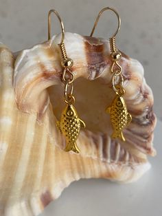 Hand-made gold fish dangle earrings. Gold Fish-shaped Earrings With Fish Hook, Gold Fish-shaped Pierced Earrings, Gold Fish-shaped Earrings, Gold Dangle Earrings With Fish Hook, Gold Drop Earrings With Fish Hook, Elegant Gold Fish-shaped Earrings, Fish Earrings, Gold Fish, Goldfish