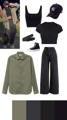 BTS Jongkook inspired outfit for women 
Black cropped top with wide leg jeans 
High top sneakers in black 
Black cap 
Military green button down shirt as a jacket 
Black belt with black buckle Jungkook Clothes Aesthetic, Suga Outfit Ideas, Suga That That Outfit, Jungkook Jeans Outfit, How To Dress Like Jungkook, Jungkook Cargo Pants Outfit, Jimin Outfit Ideas, Jimin Clothes Style, Estilo Do Jungkook