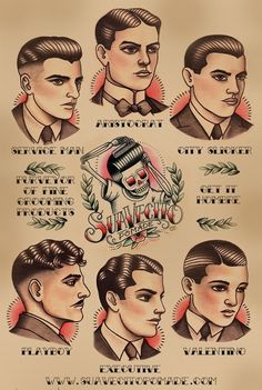 Vintage men hair styles. Berg Tattoo, Image Girly, Mens Barbershop, Hair Poster, Vintage Style Tattoos, Catrina Tattoo, Panther Tattoo, Tattoo Old School