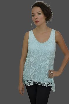 Seduzione Italy Hi Lo Tank Top with lace overlay and split back design, lined.Soft, stretchy fabric. Tasseled asymmetrical triangle scarf can be worn in many ways. Color: Pastel BlueOne Size -Recommend for Small36 Bust, Length 25" 95% Viscose, 5% Elastane, hand wash cold RF/25004 Blue Lace Top For Summer, Elegant Blue Lace Top With Lace Trim, Elegant Blue Lace Top For Summer, Summer Stretch Lace Top, Summer Stretch Lace Top For Layering, Elegant Stretch Crochet Lace Top, Summer Party Blouse With Delicate Lace, Tank Top With Lace, Triangle Scarf