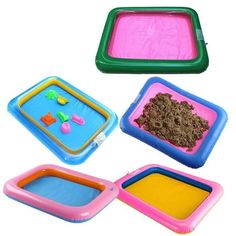 three different colored trays with food in them