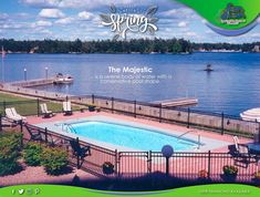 an advertisement for a spa resort with a swimming pool in the foreground and a dock on the other side