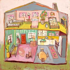 a painting of a doll house with furniture