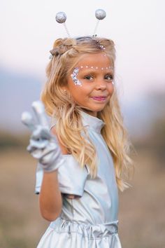 Kids Star Costume, Girl Alien Costume, Space Presentation, Galactic Party, Alien Costume Women, Wrap Dress Tutorial, Antenna Headband, Star Tights, Alien Makeup