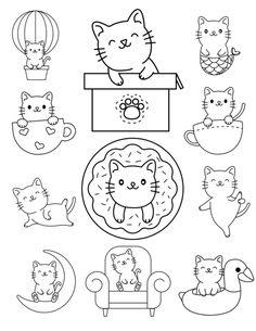 a set of cartoon cats and other animals in different positions, including a cat sitting on a