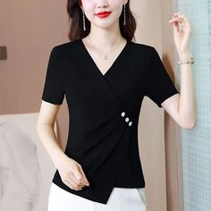 Pongl Color Summer Women's Clothing Shirring Pullover Button V-Neck Short Sleeve Asymmetrical T-shirt Casual Elegant Tops Elegant Tops, Summer Women, Casual Shirts, Women's Clothing, Solid Color, V Neck, Clothes For Women, T Shirt, Clothes