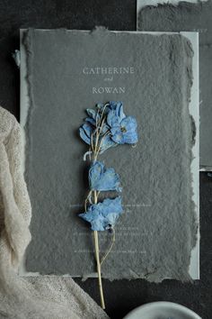 a book with blue flowers sitting on top of it