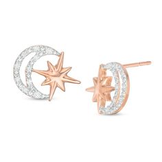 With whimsy and wonder, these diamond moon stud earrings make any day special. Created in sterling silver with 10K rose gold plate, each pretty earring look features a crescent-shaped outline shimmering with diamonds and beaded details. A sculpted eight-pointed star completes this side-by-side design. Captivating with 1/15 ct. t.w. of diamonds and a bright polished shine, these post earrings secure comfortably with friction backs. Eight Pointed Star, Moon Stud Earrings, Rose Gold Plate, Star And Moon, Side Design, Moon Studs, Diamond Star, Moon Earrings, Pretty Earrings