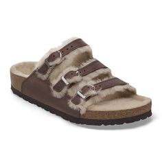 The Florida Fresh - strappy style meets signature comfort. This BIRKENSTOCK slide features three slender adjustable straps and a contoured cork/latex footbed that forms to the shape of your foot. This version is lined with especially cozy shearling. With D-buckles and a color-coordinated footbed to round off the overall look. The upper is made from extra thick oiled nubuck leather. Anatomically shaped cork-latex footbed Upper: oiled nubuck leather Footbed lining: shearling Sole: EVA Details: three straps each with an individually adjustable metal pin buckle; color-coordinated footbed “Made in Germany” Round Off, Birkenstock Florida, Nubuck Leather, Good Grips, Natural Leather, Strap Sandals, Birkenstock, Adjustable Straps, Florida