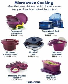 an advertisement for microwave cooking products with prices on the front and back side, including purple pots