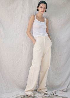 MATIN Slim Pant - Natural Pants MATIN Chic Wide Leg Cotton Pants For Work, High Waist Cotton Chinos For Business Casual, Beige Workwear Bottoms With Patch Pockets, Beige Workwear Pants With Side Pockets, Beige Work Pants With Side Pockets, High-waisted Cotton Chinos For Work, High Waist Chinos With Pockets For Work, Beige Chinos With Pockets For Workwear, Cotton Wide Leg Pants With Straight Hem