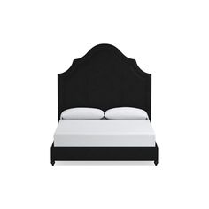 a black bed with white sheets and pillows on the headboard, in front of a white background