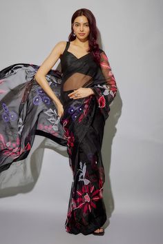 Black pre-draped saree with floral print and glass bead embroidery. Paired with raw silk blouse. - Aza Fashions Fusion Style Pre-draped Saree For Festivals With Unstitched Blouse, Fusion Pre-draped Saree With Unstitched Blouse For Diwali, Festive Fusion Pre-draped Saree With Unstitched Blouse, Bollywood Style Pre-draped Saree With Sheer Dupatta For Summer, Floral Print Pre-draped Saree For Navratri Party, Festive Sheer Organza Saree, Fusion Style Silk Pre-draped Saree For Festivals, Festive Sheer Saree, Summer Chanderi Pre-draped Saree With Traditional Drape