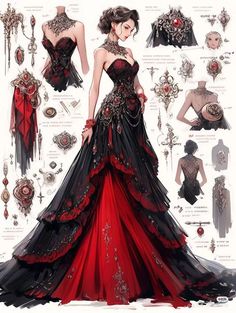 Black And Red Dress Formal, Masquerade Ball Outfit, Royalty Outfits, Dreamy Gowns, Fest Outfits, Fantasy Dresses, Fashion Drawing Dresses, Dress Design Sketches, Fashion Illustration Dresses