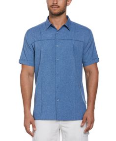 Make a style statement in this Cubavera men's short sleeve button-down shirt. Chambray fabrication creates a two-toned appearance, while the horizontal and vertical tuck detailing pop for added visual appeal. Finished with a point collar and notch cuffs, this collared shirt makes contemporary style look good. 100% Polyester Classic Fit Chambray Fabrication Creates A Multihued Mottled Appearance Horizontal And Vertical Panel Pin Tucks Two Tone Fabric Short Cuffed Sleeve Machine Wash Imported | Cu Fitted Short Sleeve Camp Shirt For Spring, Fitted Camp Shirt With Pockets For Summer, Fitted Short Sleeve Shirt With Pockets For Summer, Fitted Summer Camp Shirt With Pockets, Unstructured Summer Tops With Buttons, Fitted Short Sleeve Shirt With Pockets, Fitted Camp Shirt With Button Closure, Unstructured Short Sleeve Shirt With Pockets, Blue Short Sleeve Shirt With Placket