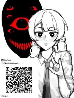 an anime character with red eyes next to a qr code for the evil spirit