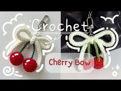 crochet cherry bow keychain with two cherries