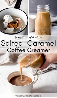 salted caramel coffee creamer is being poured into a cup