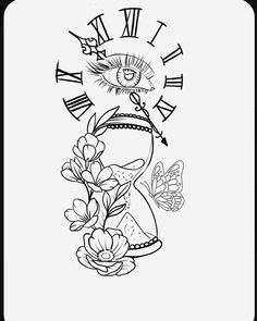 a black and white drawing of a clock with flowers