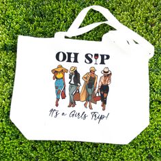 The Oh Sip It’s a Girl’s Trip Tote Bag is your ultimate companion for those crazy, it never happened adventures and unforgettable moments with your girls! Crafted with durable materials and featuring a spacious interior, this tote bag is the epitome of practicality and style. Whether you're planning a girls' trip or a weekend winery getaway, it's the perfect accessory to accompany you on your trip for those unexpected needs. With ample room to stash an extra set of clothes, a pair of heels, or f Fun Travel Bags With Large Capacity, Fun Travel Bag With Large Capacity, Trendy Tote Bags For Weekend Trips, Fun Large Capacity Bags For Travel, Fun Large Capacity Shoulder Bag For Travel, Fun Travel Shoulder Bag, Trendy Summer Bags For Weekend Trips, Trendy Bags For Weekend Trips In Summer, Fun Travel Gift Bag