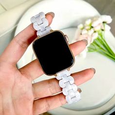 Slim Women’s Resin Like Adjustable White Pearl Watch Band Compatible With Apple Watch 5/6/7/8/Se/Ultra. Easy Changeable Apple Style Band. (New) Adjustable White Apple Watch Band, Trendy White Bracelet Strap Apple Watch Band, Trendy White Apple Watch Band With Bracelet Strap, Trendy White Watch Accessories With Bracelet Strap, Trendy White Bracelet Strap For Watches, Trendy White Watch With Bracelet Strap, Trendy White Rectangular Watch Accessories, Apple Watch Colors, Pearl Watch