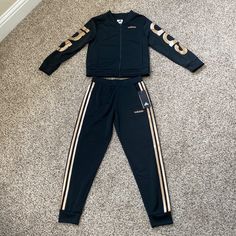 Adidas Matching Set New With Tags Top And Bottom Included Black And Gold Sporty Black Sets For Fall, Adidas Fitted Long Sleeve Sets, Casual Adidas Sets For Spring, Sporty Black Sets For Spring, Adidas Black Fitted Sets, Adidas Black Long Sleeve Set, Fitted Black Adidas Sets, Black Playwear Sets For Fall, Black Sets For Playwear In Fall