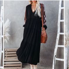 Black Swiss Dot Maxi The Most Amazing Embroidery On The Sleeves Black V-neck Boho Dress For Spring, Black Bohemian Long Sleeve Midi Dress, Bohemian Black Maxi Dress With Floral Embroidery, Black Long Sleeve Bohemian Midi Dress, Casual Black Boho Dress With V-neck, Casual Black V-neck Boho Dress, Black Embroidered Bohemian Dress, Spring Bohemian Style Boho Dress In Black, Black Long Sleeve Boho Dress For Summer