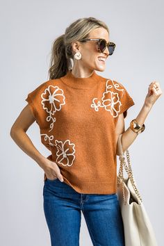 Flower SL Sweater, Ginger Casual Knit Sweater With Floral Print, Spring Jacquard Knit Sweater Vest, Knit Tops With Floral Embroidery For Fall, Floral Embroidery Knit Tops For Fall, Fall Jacquard Knit Sweater Vest, Jacquard Knit Sweater Vest For Fall, Spring Brown Knit Top, Knit Crew Neck Top With Floral Print, Red Flower Design