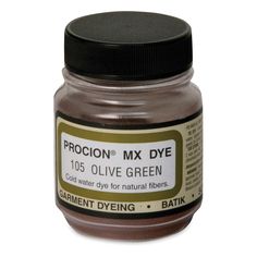 a jar of olive green dye on a white background with the label procion max dye