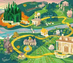 an illustrated map with lots of different things in the land and on top of it