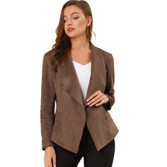 Refresh your look effortlessly with this faux suede jacket.A cascading draped neckline and handkercheif hem .Open front design is benifit for more people.Wear it with skinny jeans and short boots for a smart look.This Stylish jacket is made with lightweight and soft material that makes you feeling well for the soft skin.The fabric is soft, breathable and comfortable to wear, good quality and chic. Size: medium. Color: light brown. Gender: female. Age Group: adult. Pattern: Solid. Material: Polye Dress And Boots, Open Front Jacket, Faux Suede Jacket, Fall Wear, Brown Outfit, Stylish Jackets, Outwear Jackets, Long Sleeve Blazers, Suede Material