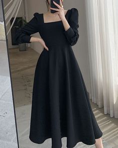 long sleeve black dress with tummy control square neck long dress formal black slim dress for work outfits #blackdress #blackdresses #puff #slimdress #slimming #slim #puffdress #workoutfit #workdress #slimdresses Black Slim Dress, Black Long Sleeve Midi Dress, Korean Female Fashion, Womens Long Dresses, Outfits Dress, Flowy Design, Elegant Party Dresses, Square Neck Dress, Puff Long Sleeves