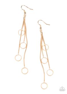 Gradually increasing in length, dainty gold rings dangle from the bottoms of sleek gold chains, creating an elegant tassel. Earring attaches to a standard fishhook fitting. Sold as one pair of earrings. Gold Chain Earrings, Tassel Earring, Dainty Gold Rings, Fish Hook Earrings, Hammered Gold, Paparazzi Accessories, Bracelet Clasps, Affordable Jewelry, Brass Earrings