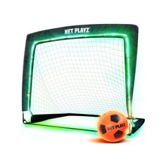 an orange soccer ball sitting in front of a net with the word net play on it