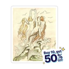 a drawing of two mermaids on top of waves with the caption buy 10 get 50 % off