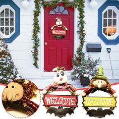 two stuffed animals are standing in front of a house with welcome signs and wreaths